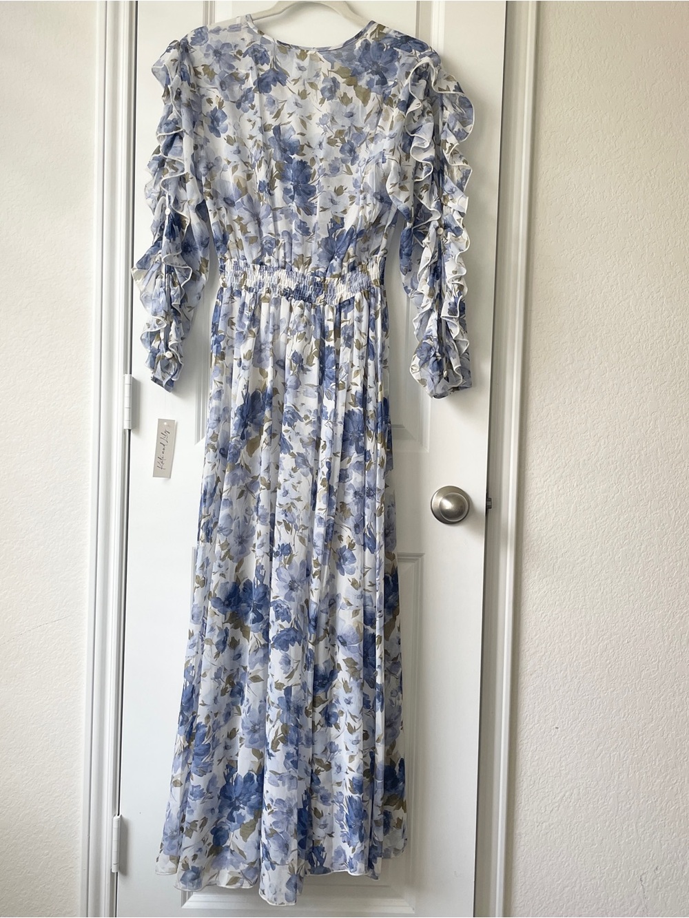 Womens Blue Floral Wrap Maxi Dress Ruffle Sleeves VNeck Boho Summer Wedding Chic - Picture 8 of 14